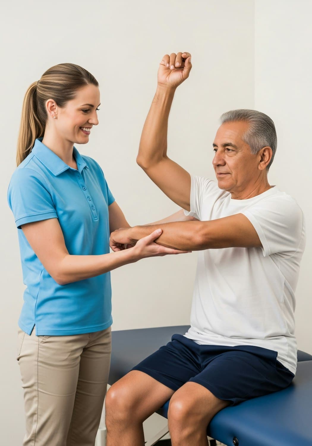 A physiotherapist guiding a patient through a shoulder exercise